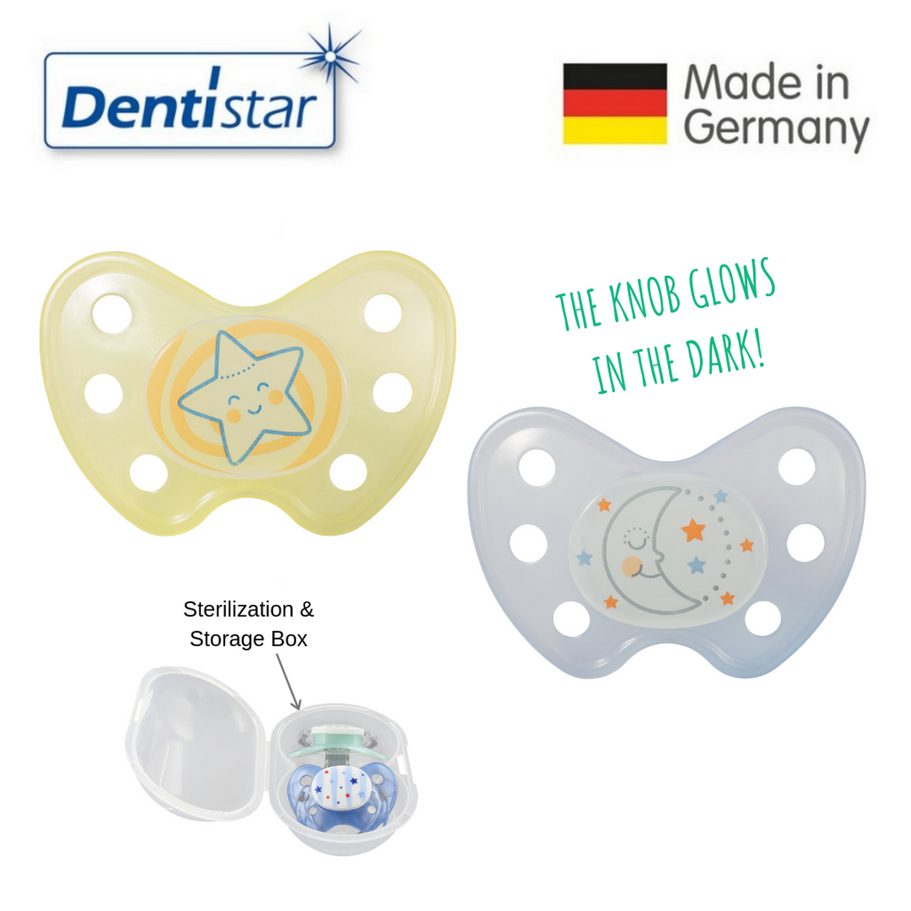 OceanoKidz.com - Dentistar Tooth-friendly Night Pacifier Size 3 (set of 2) with Sterilization Box - Star & Transparent Moon