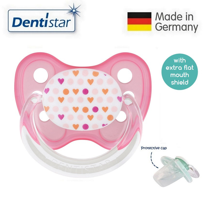 OceanoKidz.com - Dentistar Tooth-friendly Flat Pacifier (0-6 months) size 1 with protective cap - Heart Points