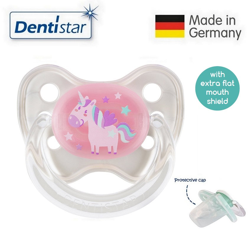 OceanoKidz.com - Dentistar Tooth-friendly Flat Pacifier (0-6 months) size 1 with protective cap - Unicorn