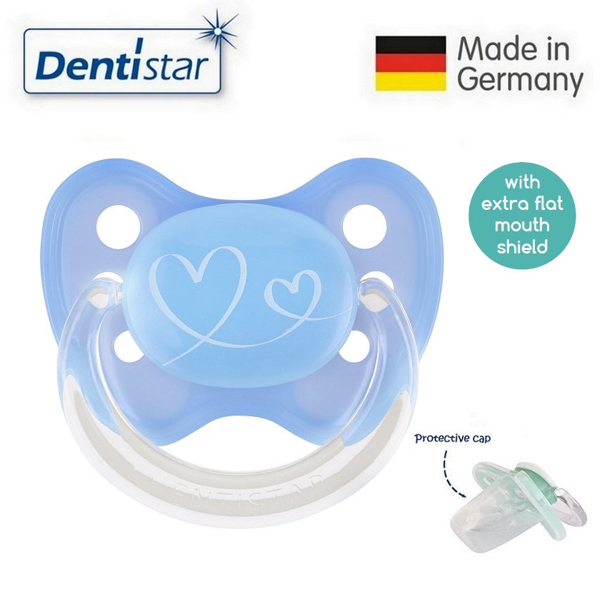 OceanoKidz.com - Dentistar Tooth-friendly Flat Pacifier (0-6 months) size 1 with protective cap - Blue Hearts