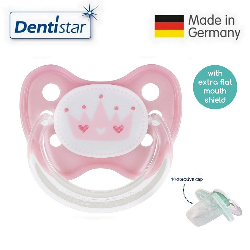 OceanoKidz.com - Dentistar Tooth-friendly Flat Pacifier (6-14 months) size 2 with protective cap - Pink Crown