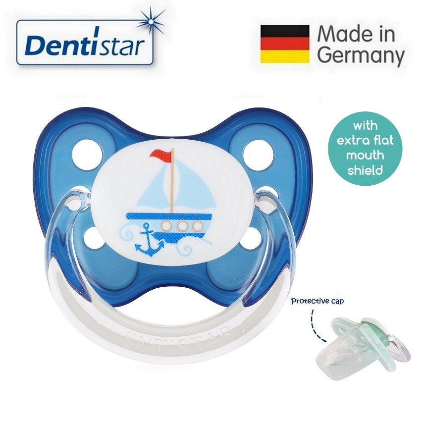 OceanoKidz.com - Dentistar Tooth-friendly Flat Pacifier (14+ months) size 3 with protective cap - Blue Boat