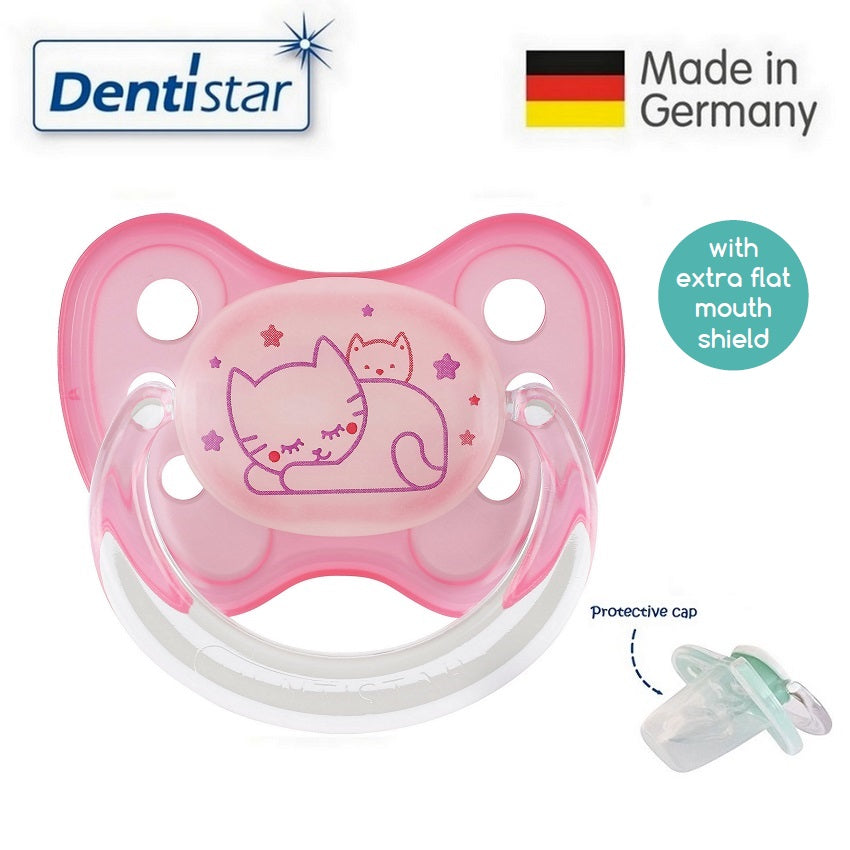 OceanoKidz.com - Dentistar Tooth-friendly Flat Night Pacifier (0-6 months) size 1 with protective cap - Sleepy Cats