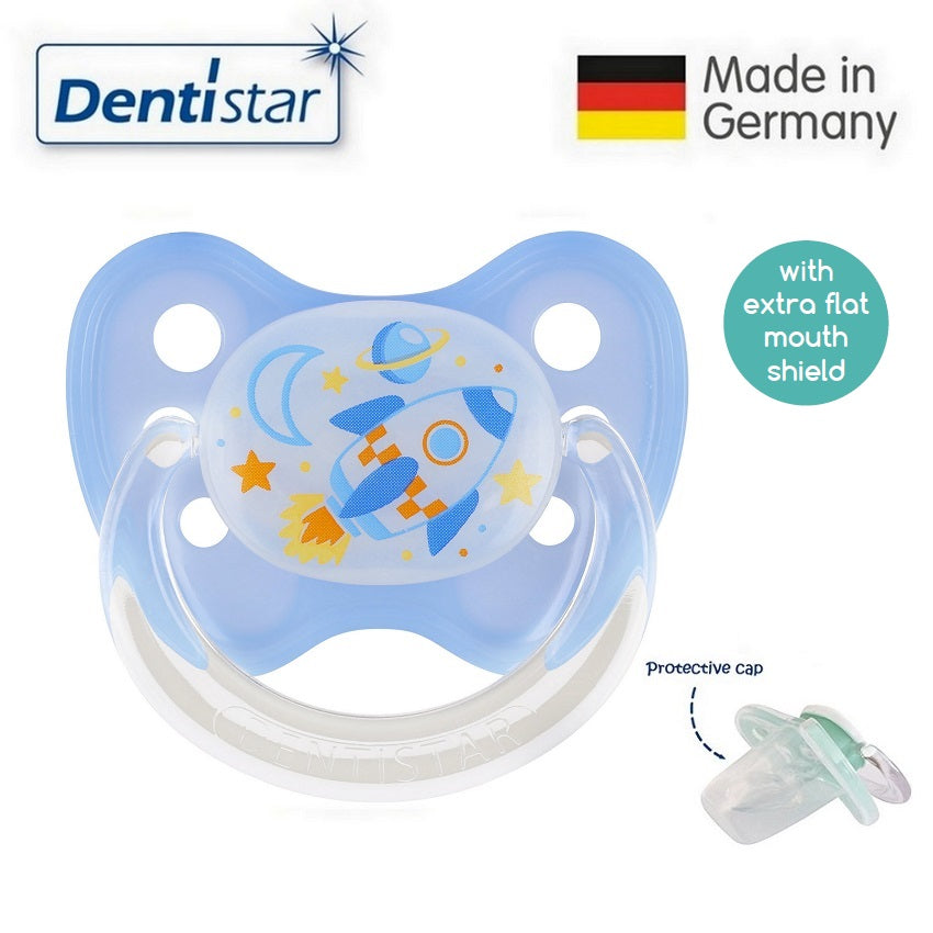 OceanoKidz.com - Dentistar Tooth-friendly Flat Night Pacifier (6-14 months) size 2 with protective cap - Rocket