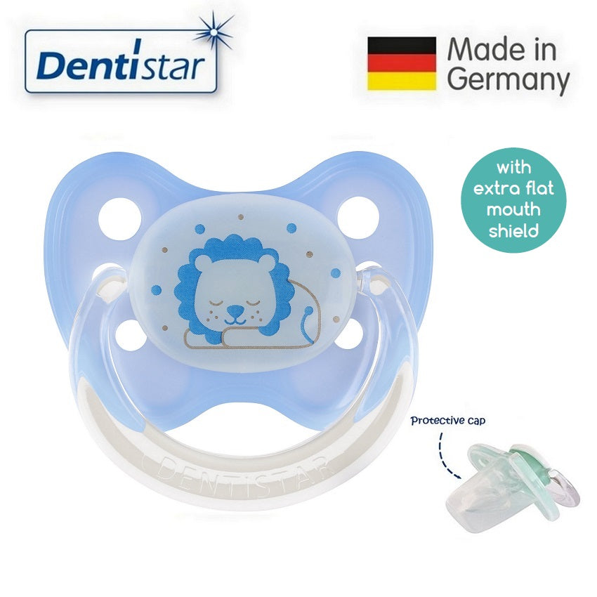 OceanoKidz.com - Dentistar Tooth-friendly Flat Night Pacifier (14+ months) size 3 with protective cap - Sleepy Lion