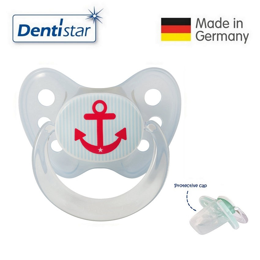 OceanoKidz.com - Dentistar Tooth-friendly Pacifier Silicone (6-14 months) size 2 with protective cap - Blue Anchor